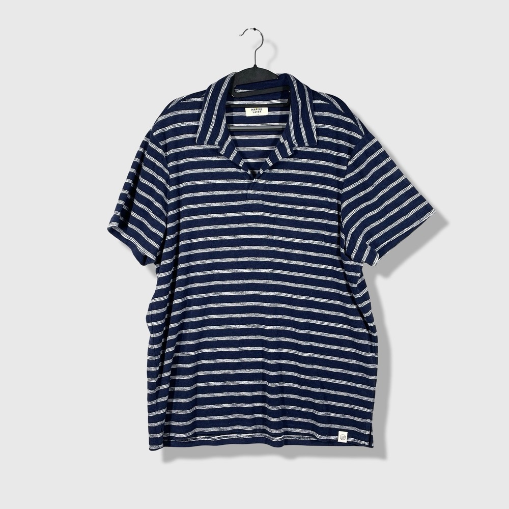 Marine Layer Terry Cloth Polo Shirt Mens L/XL Blue Striped Coastal Beachy Summer